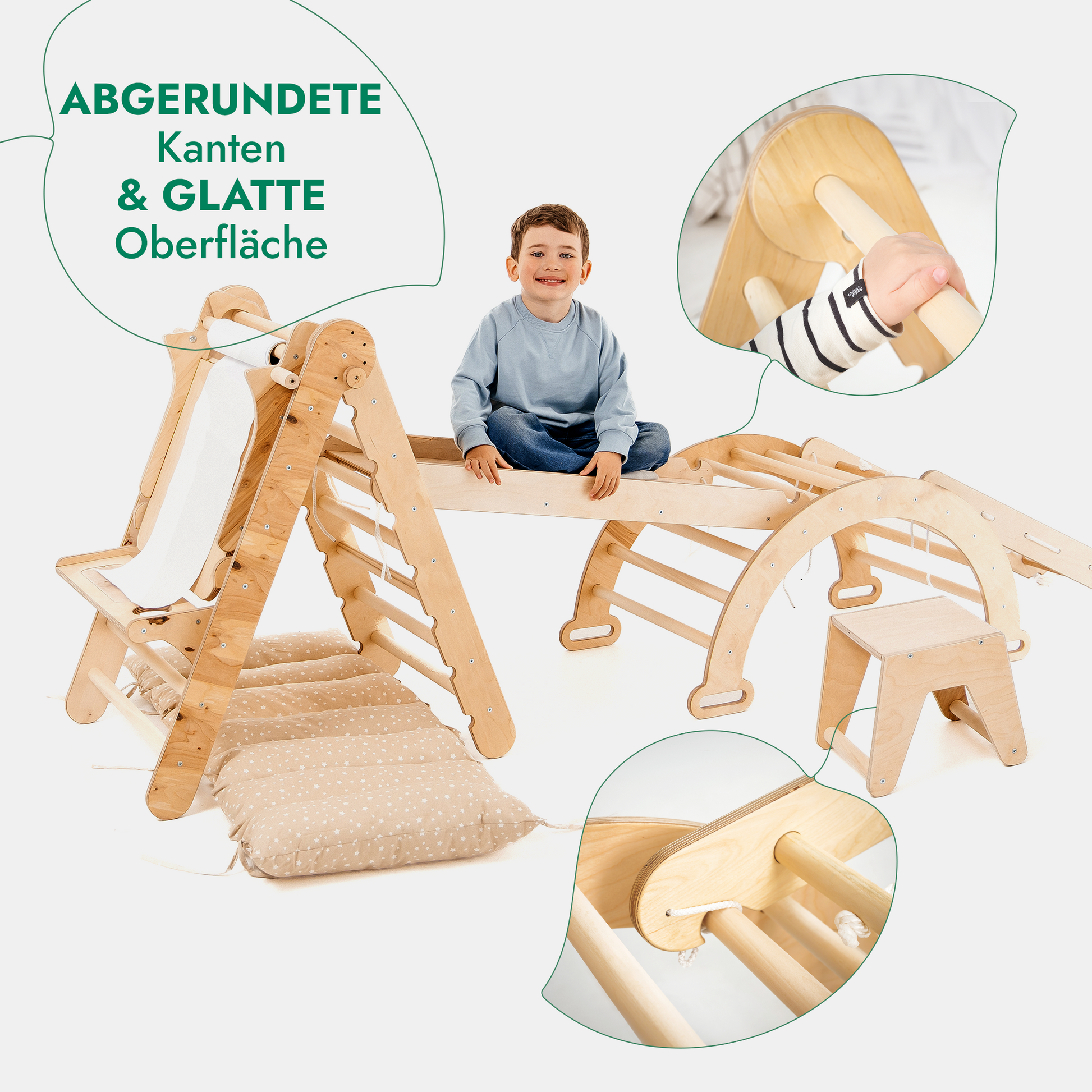 7in1 Montessori Klettergerüst Set: Kletterdreieck, Kletterbogen mit Kissen, Rutsche, Kletternetz, Maltafel und Kinderstuhl, für Kinder 1-7 Jahre – Beige-2