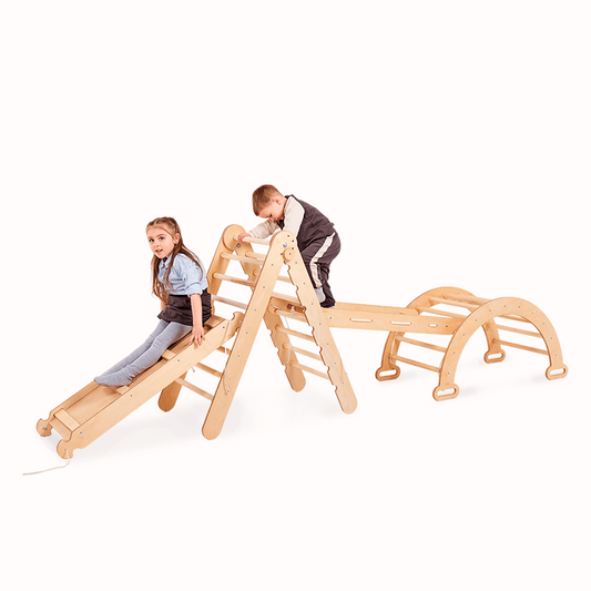4in1 Montessori Klettergerüst Set: Kletterdreieck mit Rutsche, Kletterbogen, Kletternetz, für Kinder 1-7 Jahre – Beige-0