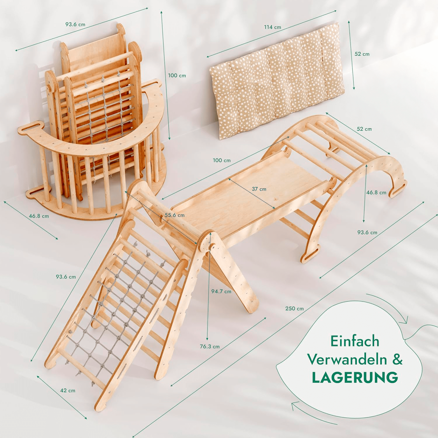 5in1 Montessori Klettergerüst Set: Kletterdreieck mit Rutsche, Kletterbogen, Kletternetz und Kissen, für Kinder 1-7 Jahre – Beige-1