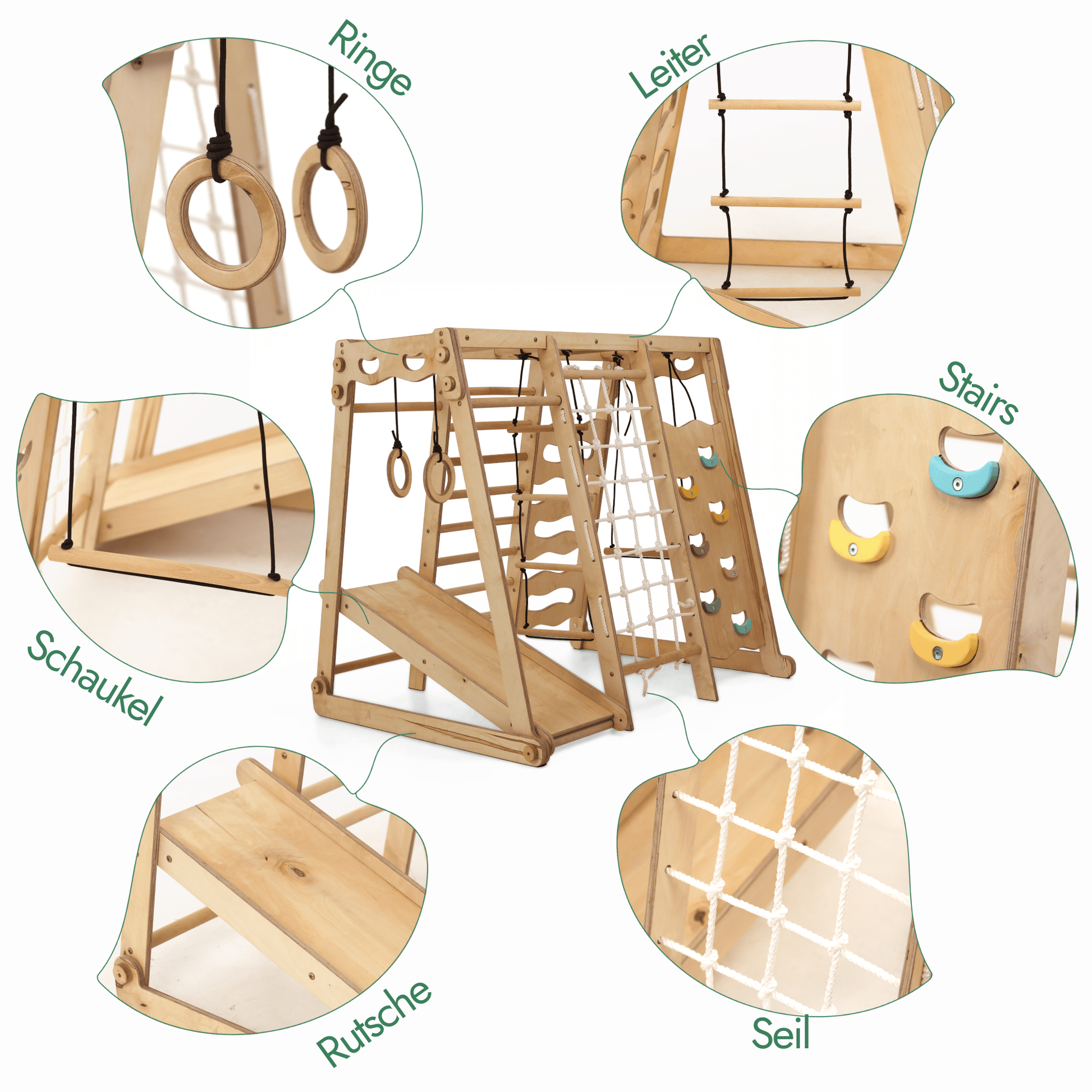 6in1 Indoor-Spielplatz aus Holz für Kinder –  Schaukel, Rutsche, Seil und Treppe-4