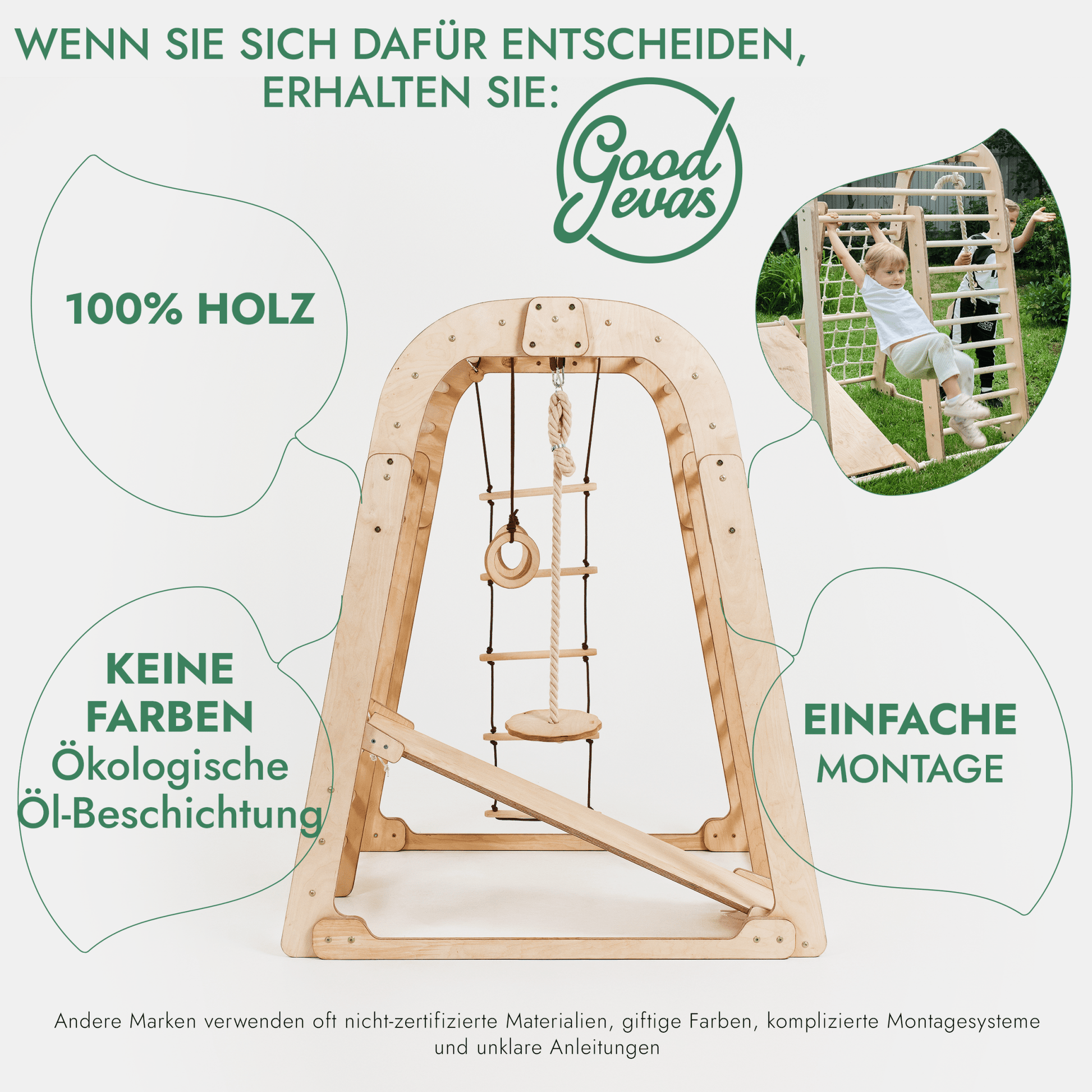 6in1 Indoor Spielplatz für Kinder: Klettergerüst mit Kletternetz, Rutsche, Gymnastikringe, Hängende Leiter und Disc-Schaukel – Beige-1