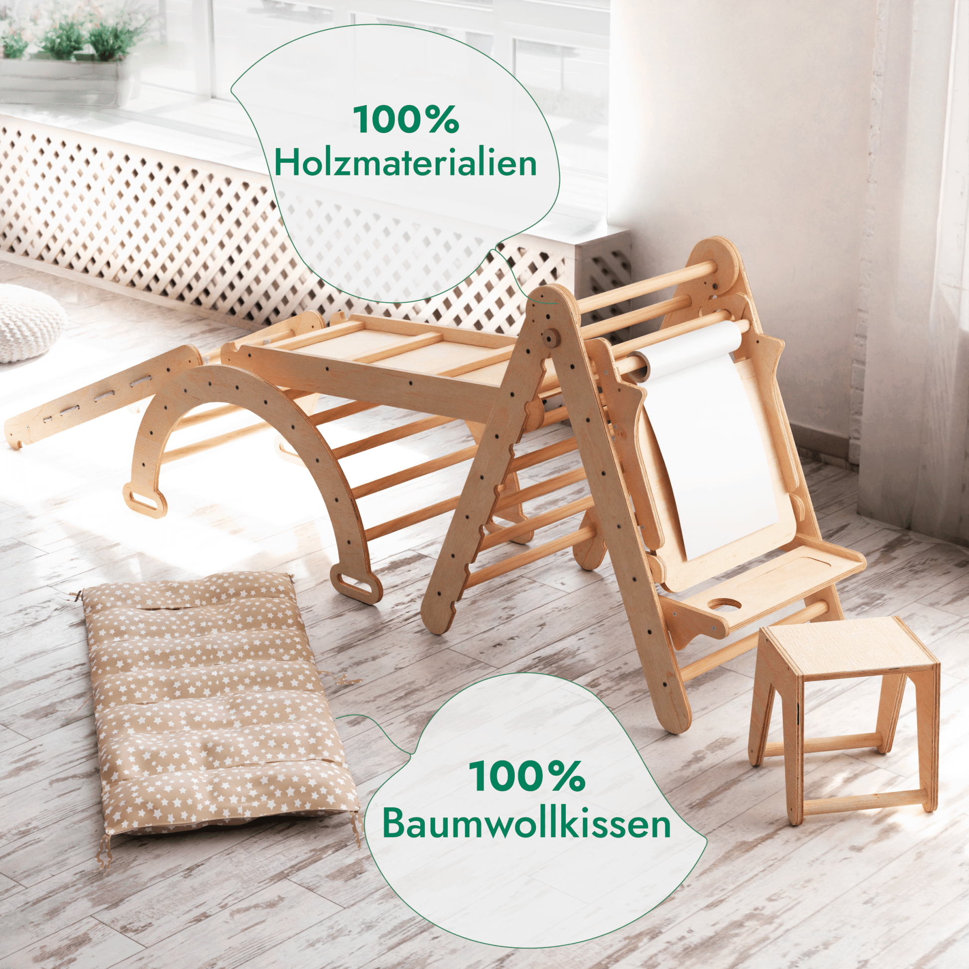7in1 Montessori Klettergerüst Set: Kletterdreieck, Kletterbogen mit Kissen, Rutsche, Kletternetz, Maltafel und Kinderstuhl, für Kinder 1-7 Jahre – Beige-3