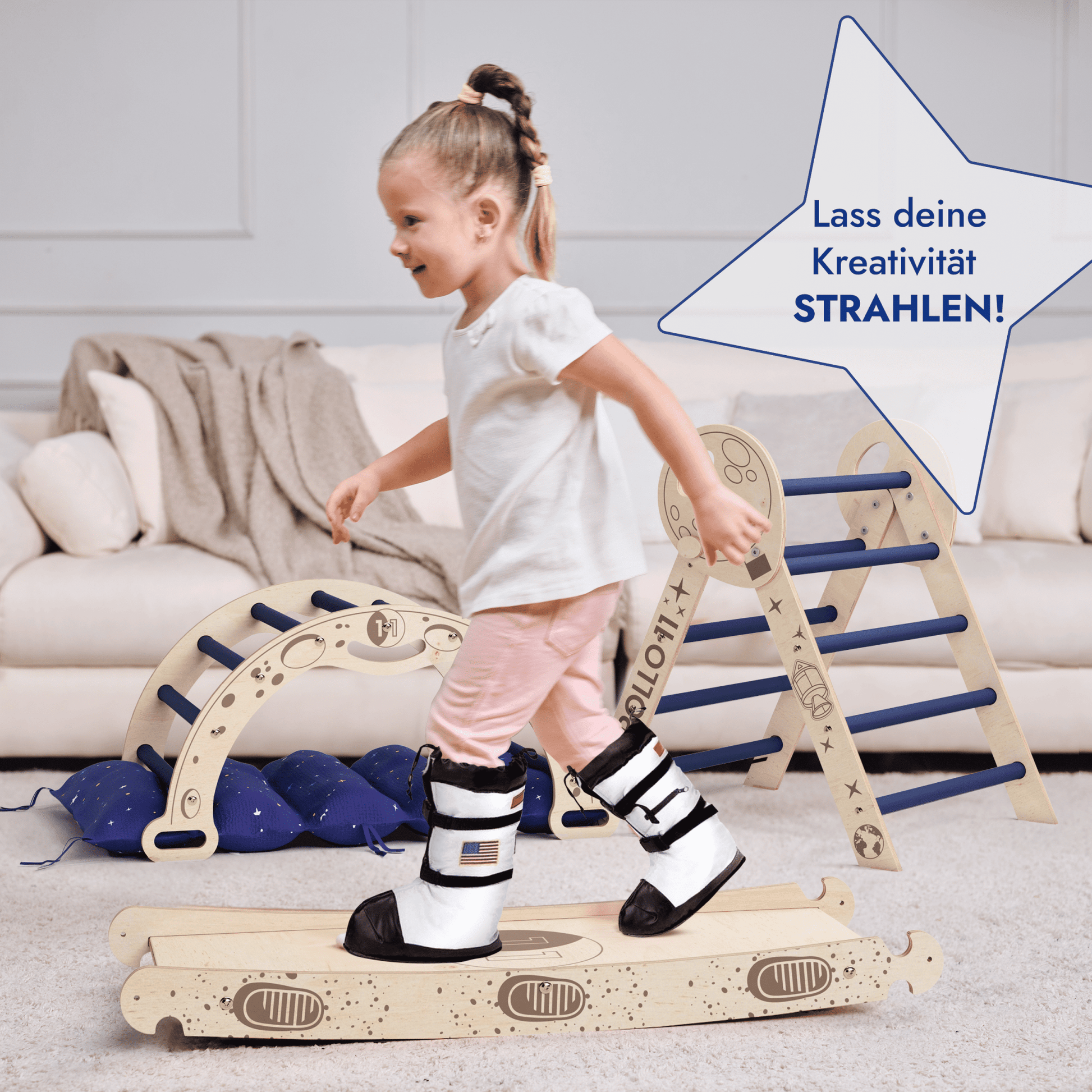 Apollo 4in1 Kletterset: Pikler-Dreieck, Kletterbogen, Rutschbrett und Kissen für kleine Kleinkind-Astronauten-1